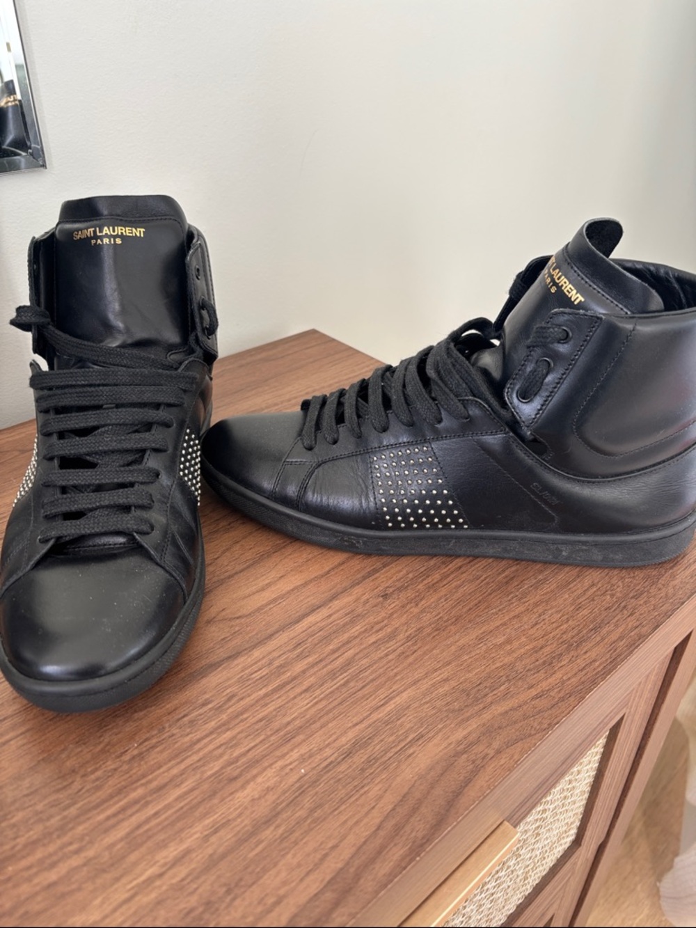 Authentic Saint Laurent Black Leather High-Top Sneakers with Silver Stud Panels - Picture 2 of 8